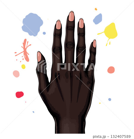 Vsai dark skin hand showing nude manicure with splashes Vsai dark skin hand showing nude manicure with splashes 132407589