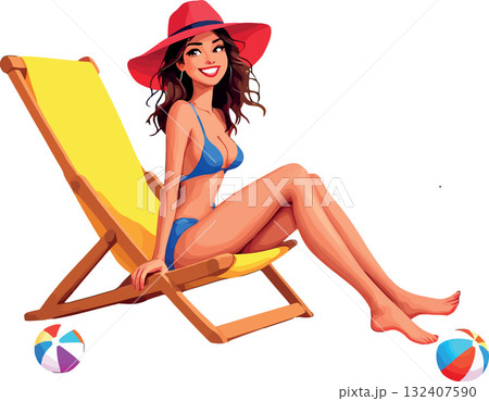 Vsai smiling woman relaxing on beach chair, enjoying summer vacation Vsai smiling woman relaxing on beach chair, enjoying summer vacation 132407590