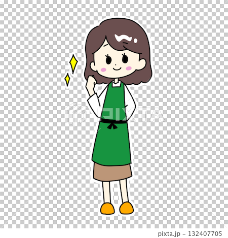 ガッツポーズをするエプロン姿の女性 132407705