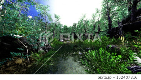 A serene forest oasis showcases lush greenery and vibrant foliage surrounding a still pond. Sunlight filters through the trees, creating a tranquil atmosphere in this enchanting landscape. 132407816
