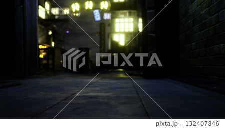 Dimly lit alleyway showcases reflections and shadows under vibrant city lights. The atmosphere exudes mystery, inviting exploration in a bustling urban environment. 132407846