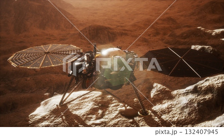 On the rocky terrain of Mars, the Insight lander stands equipped for exploration. 132407945