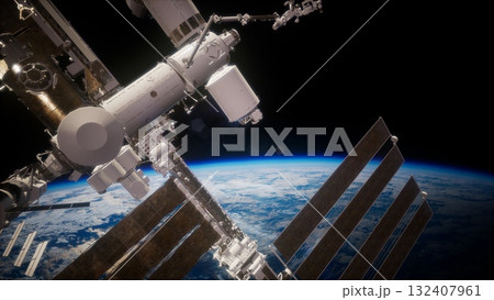 A breathtaking view captured from the perspective of a space station orbiting Earth. The blue planet glimmers below, showcasing its beauty against the vast cosmos. 132407961