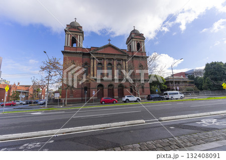 Melbourne, Australia - July 1, 2024 : Beautiful Sacred Heart Catholic Church with blue sky in Melbourne, Australia - July 1, 2024. Melbourne, Australia - July 1, 2024 : Beautiful Sacred Heart Catholic Church with blue sky in Melbourne, Australia - July 1, 2024. 132408091