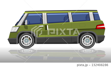 Object of side view luxury van green color. Cars with sharp and angular shapes and designs. With shadow on isolated white background. Object of side view luxury van green color. Cars with sharp and angular shapes and designs. With shadow on isolated white background. 132408286