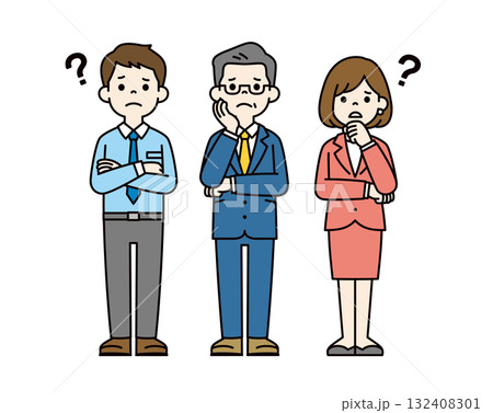 困った表情で腕を組む、男性と女性の会社員と社長の全身ベクターイラスト素材セット＿カラー 132408301