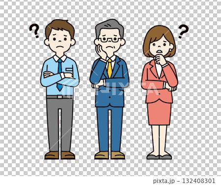 全身向量插圖集，包括男性和女性辦公室職員和總統，他們表情困惑，雙臂交叉 — 顏色 132408301