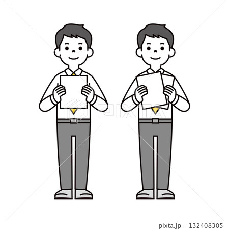 テキストスペースのある書類を持つ、若いビジネスマンの全身ベクターイラスト素材セット 132408305