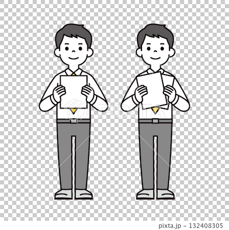 テキストスペースのある書類を持つ、若いビジネスマンの全身ベクターイラスト素材セット 132408305