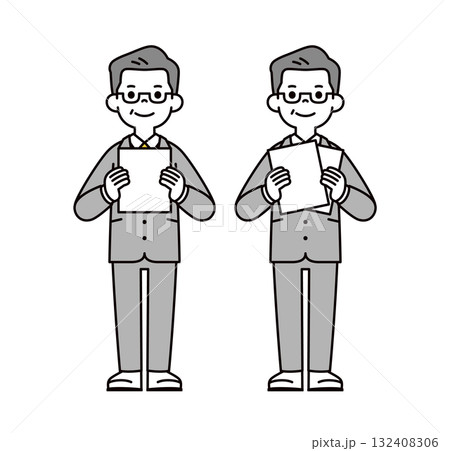 ホワイトスペースのある資料を持つ、シニア世代の社長・経営者の全身ベクターイラスト素材セット 132408306