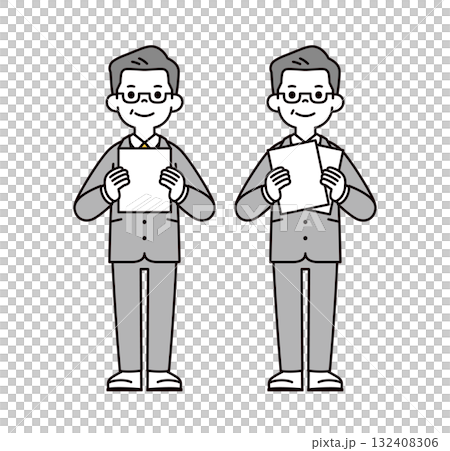 ホワイトスペースのある資料を持つ、シニア世代の社長・経営者の全身ベクターイラスト素材セット 132408306