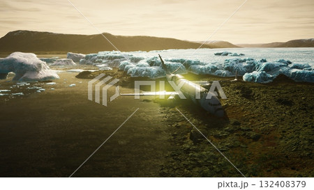 An airplane rests abandoned on a rugged terrain, surrounded by towering icebergs and calm waters, as the sun sets, casting a golden glow on the icy scene. Nature reclaims its beauty. 132408379