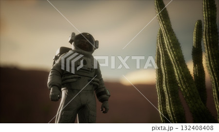 An astronaut stands next to a towering cactus, gazing at a surreal desert landscape. The sun sets behind rocky mountains, casting warm hues across the sky, creating a mystical atmosphere. 132408408