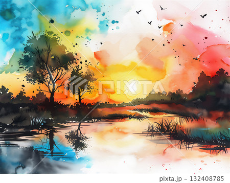 美しい夕焼けの水彩画 132408785