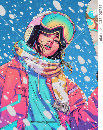 雪の中でスノーボードを楽しむ女性 132408787