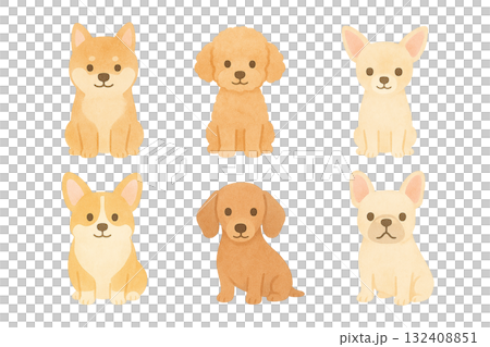 可愛的狗狗插圖集：豆柴犬、玩具貴賓犬、吉娃娃、柯基犬、臘腸犬、法國鬥牛犬 132408851