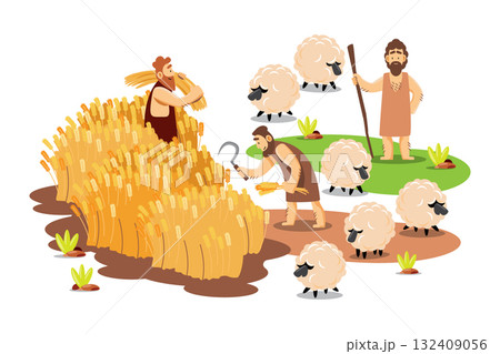 Age of agricultural Revolution . People are harvesting wheat and tending sheep . Cartoon character illustration . Isolated white background . Vector . Age of agricultural Revolution . People are harvesting wheat and tending sheep . Cartoon character illustration . Isolated white background . Vector . 132409056