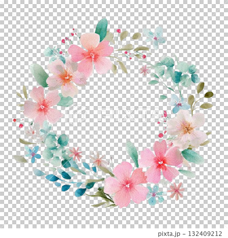 Pink flower and leaf wreath frame Pink flower and leaf wreath frame 132409212