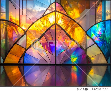 ステンドグラスから差し込む強い日差しと、プリズム効果で壁に広がる幻想的な光の筋 ステンドグラスから差し込む強い日差しと、プリズム効果で壁に広がる幻想的な光の筋 132409332