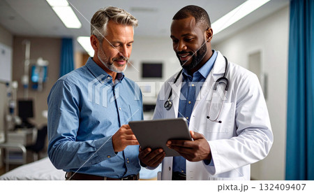 タブレットを共有しながら笑顔で話す白衣の医師とシニアの患者（または専門家） 132409407