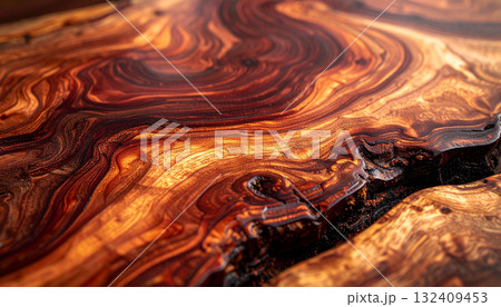 艶やかな光沢と深い渦を巻く木目のローアングル高級テクスチャ 艶やかな光沢と深い渦を巻く木目のローアングル高級テクスチャ 132409453
