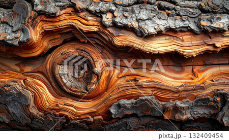 剥がれた樹皮と渦巻く節がドラマチックなオレンジと黒の木目テクスチャ 132409454