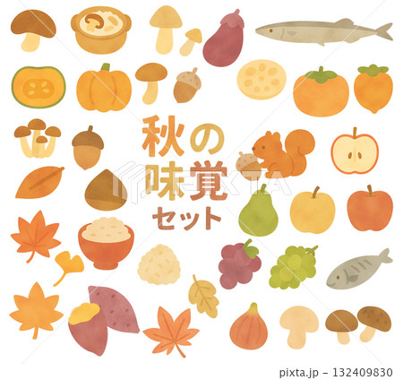 秋の味覚のイラストセット　きのこ　秋刀魚　焼き芋　ぶどう　シャインマスカット　炊き込みご飯　りんご 132409830