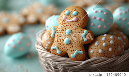 Concept ginger cookies Easter, eggs basket blue background, copy space text. Holidays greeting cards 132409940