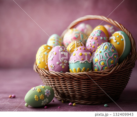 Colorful Easter eggs in basket pink purple violet background, Holidays, copy space, greeting cards Colorful Easter eggs in basket pink purple violet background, Holidays, copy space, greeting cards 132409943