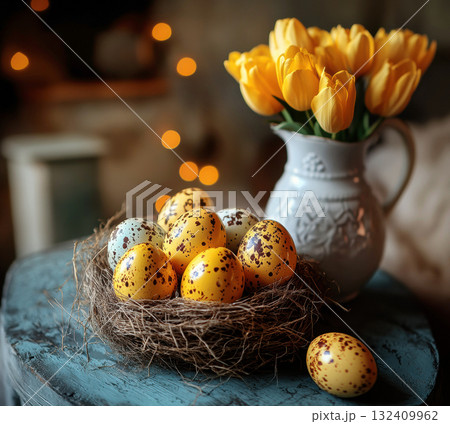 Happy Easter, 3D Easter poster, tulip flowers, flyer banner,nest Easter painted eggs, copy space Happy Easter, 3D Easter poster, tulip flowers, flyer banner,nest Easter painted eggs, copy space 132409962