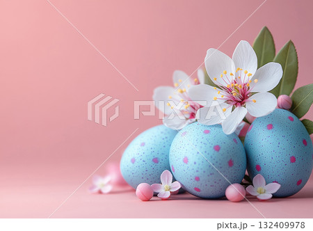 Easter blue eggs cherry blossom branch flowers background. Mockup, copy space. Holidays concept 132409978
