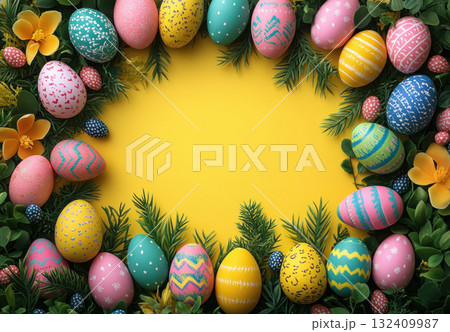 Colorful pastel Easter eggs yellow background. Mockup, frame, copy space, top view, monochrome pastel, flat lay, celebration banner. Holidays concept, 3d rendering Colorful pastel Easter eggs yellow background. Mockup, frame, copy space, top view, monochrome pastel, flat lay, celebration banner. Holidays concept, 3d rendering 132409987