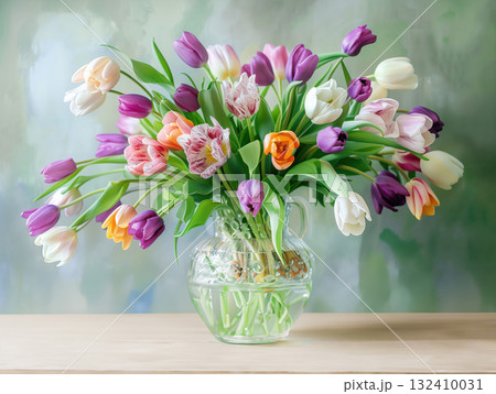 Easter concept. Glass vase bouquet pink yellow tulips, cradling pastel Easter eggs, set against modern grey backdrop. paste blank. Holidays, copy space, design greeting cards, art minimalist style Easter concept. Glass vase bouquet pink yellow tulips, cradling pastel Easter eggs, set against modern grey backdrop. paste blank. Holidays, copy space, design greeting cards, art minimalist style 132410031