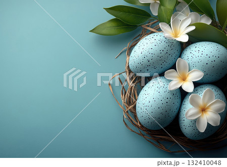 Colorful pastel Easter eggs on blue background, white flowers. Holidays, Easter concept ears rabbit Colorful pastel Easter eggs on blue background, white flowers. Holidays, Easter concept ears rabbit 132410048
