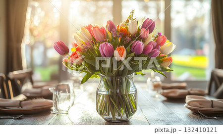 Vibrant tulip bouquet in glass vase on dining table with warm sunlight 132410121