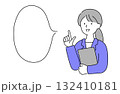 明るく笑顔で何かを説明しているスーツ姿の女性のシンプルな線画ベクターイラスト 132410181