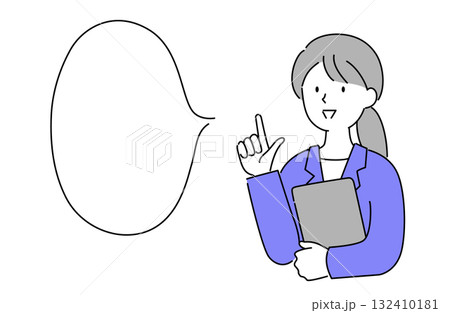 明るく笑顔で何かを説明しているスーツ姿の女性のシンプルな線画ベクターイラスト 132410181