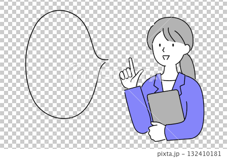 明るく笑顔で何かを説明しているスーツ姿の女性のシンプルな線画ベクターイラスト 132410181
