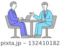 オフィスで打ち合わせをするスーツ姿の男性2人のビジネスパーソンのシンプルな線画ベクターイラスト 132410182