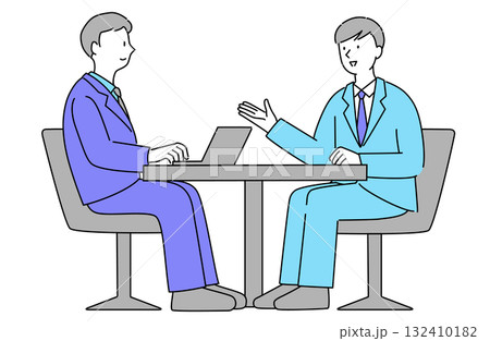 オフィスで打ち合わせをするスーツ姿の男性2人のビジネスパーソンのシンプルな線画ベクターイラスト 132410182