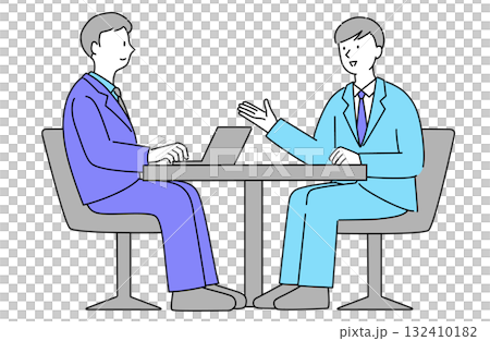 一個簡單的線條畫向量插圖，顯示兩名身著西裝的男性商人在辦公室開會 132410182