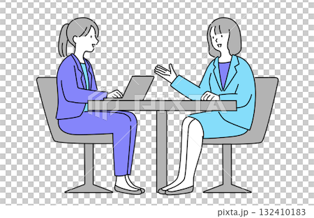 兩位身著西裝的女商界人士在辦公室開會的簡單線條向量插圖 132410183