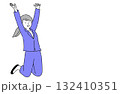 ジャンプして喜びを表現するスーツ姿の女性のシンプルな線画ベクターイラスト 132410351