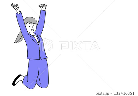 ジャンプして喜びを表現するスーツ姿の女性のシンプルな線画ベクターイラスト 132410351