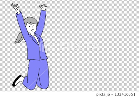 ジャンプして喜びを表現するスーツ姿の女性のシンプルな線画ベクターイラスト 132410351