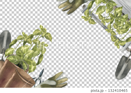 Gardening herbs,greens and tools watercolor banner template with flower pots,wooden tub,gloves,shovel and basil stems. Hand drawn frame with green spices plants,garden tools for eco poster,card 132410465