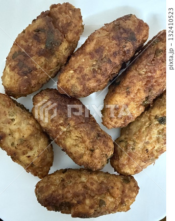 A close-up of deep-fried meat keftedes. Traditional Cypriot food, Mediterranean cuisine. 132410523