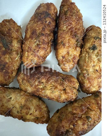 A close-up of deep-fried meat keftedes. Traditional Cypriot food, Mediterranean cuisine. 132410524