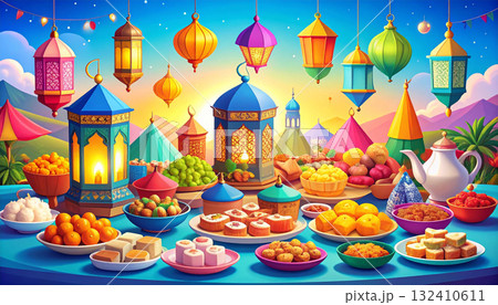 ラマダンのお祝いとカラフルなランタンが彩る伝統的な食卓の宴 ラマダンのお祝いとカラフルなランタンが彩る伝統的な食卓の宴 132410611