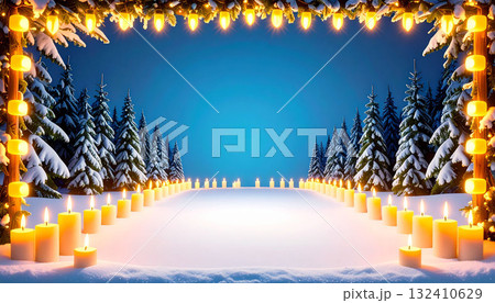 雪の森をキャンドルとイルミネーションが彩る幻想的な冬の背景 雪の森をキャンドルとイルミネーションが彩る幻想的な冬の背景 132410629